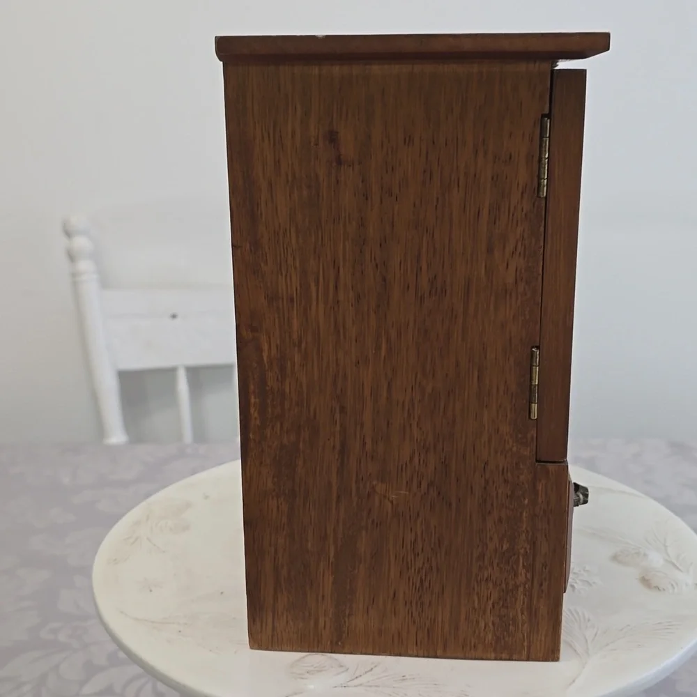 Vintage Mid Century Wood Music Jewelry Box 4 Drawers Mesh Wire Door Metal Pulls
